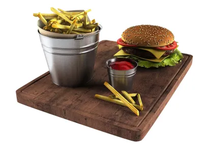 Hamburger french fries in a bucket