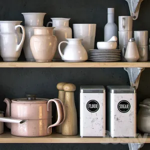 Shelf with kitchen utensils in bright colors