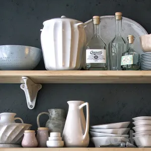 Shelf with kitchen utensils in bright colors