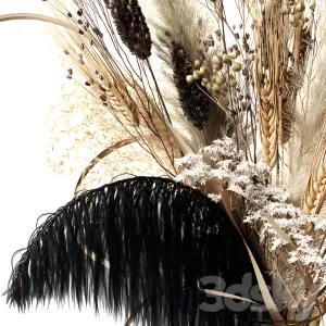 Bouquet of dried flowers with a black feather