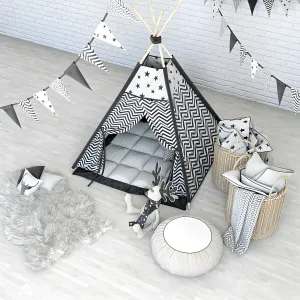 Wigwam with a mattress pillows fur skins baskets flags deer