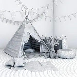 Wigwam with a mattress pillows fur skins baskets flags deer
