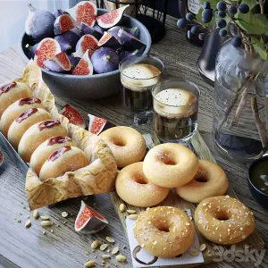 Kitchen set with bread donuts