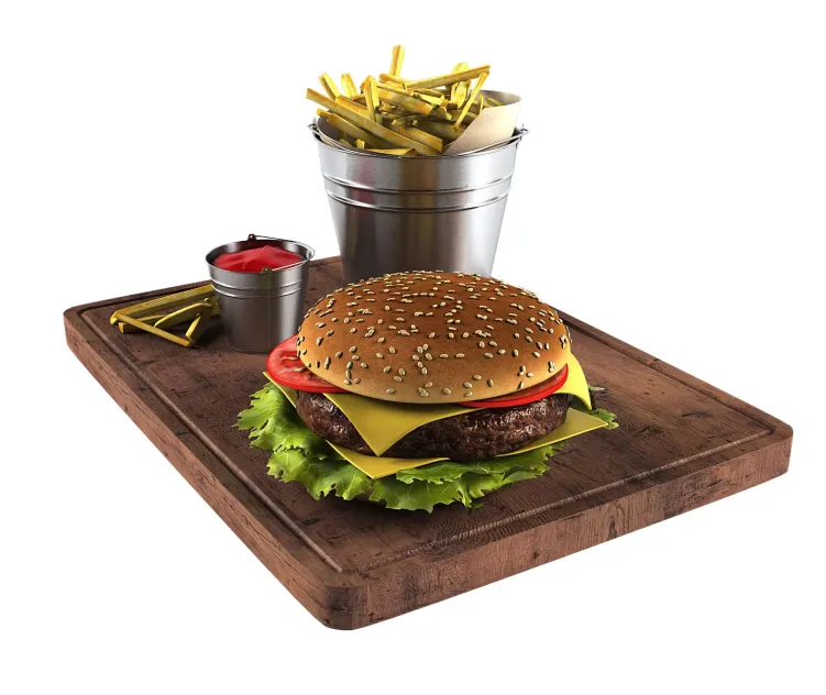 Hamburger french fries in a bucket