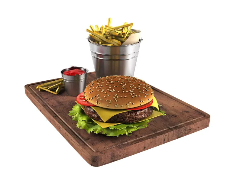 Hamburger french fries in a bucket