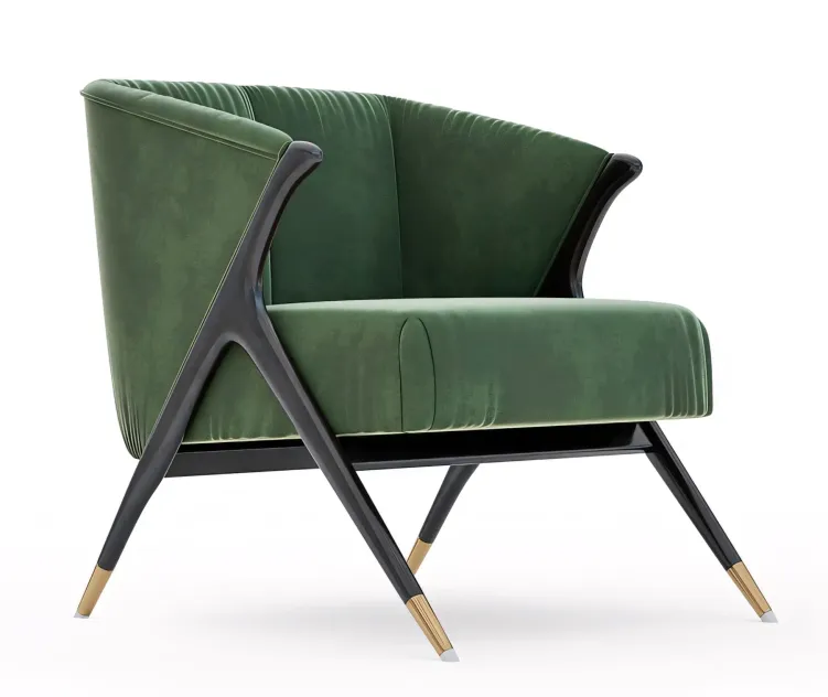 Lacquer Wooden Velvet Lounge Armchair