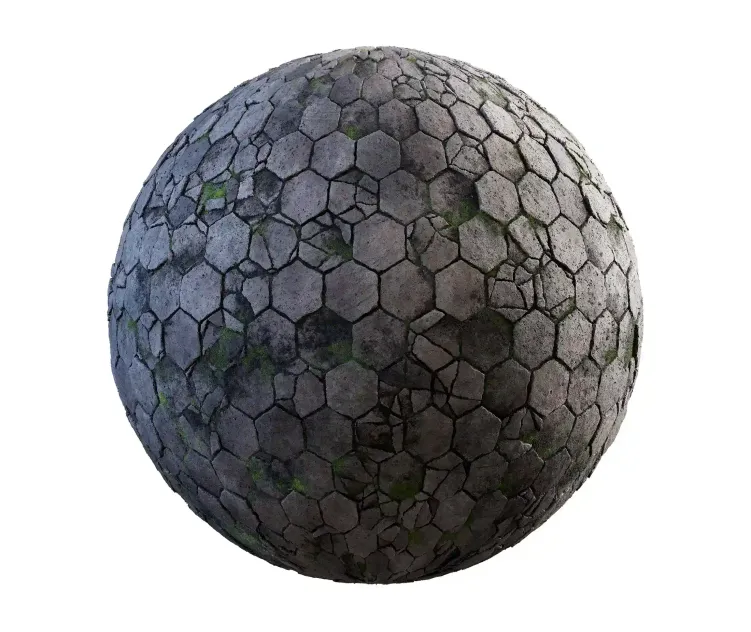 Damageded hexagon concrete pavement with moss