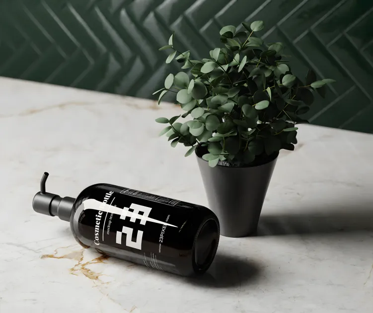 Black Pump Bottle Featuring an Eucalyptus Plant 01