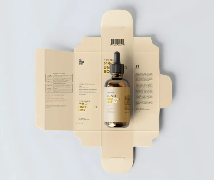 Unfolded Box and Amber Glass Dropper Bottle 01