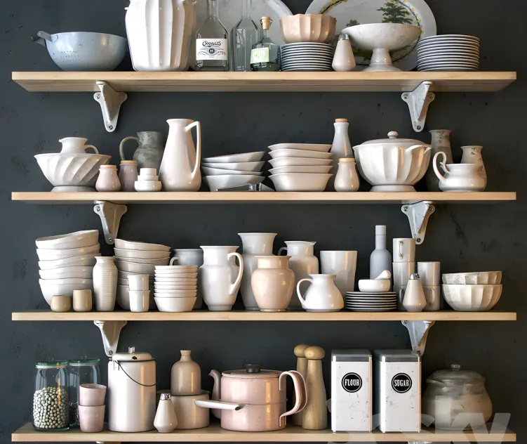 Shelf with utensils in bright colors