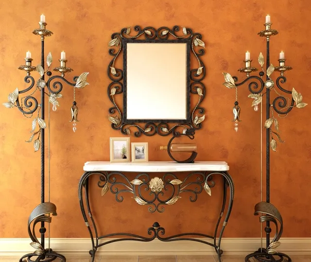 Wrought iron console with a floor lamp