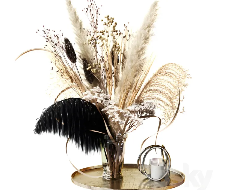 Bouquet of dried flowers with a black feather