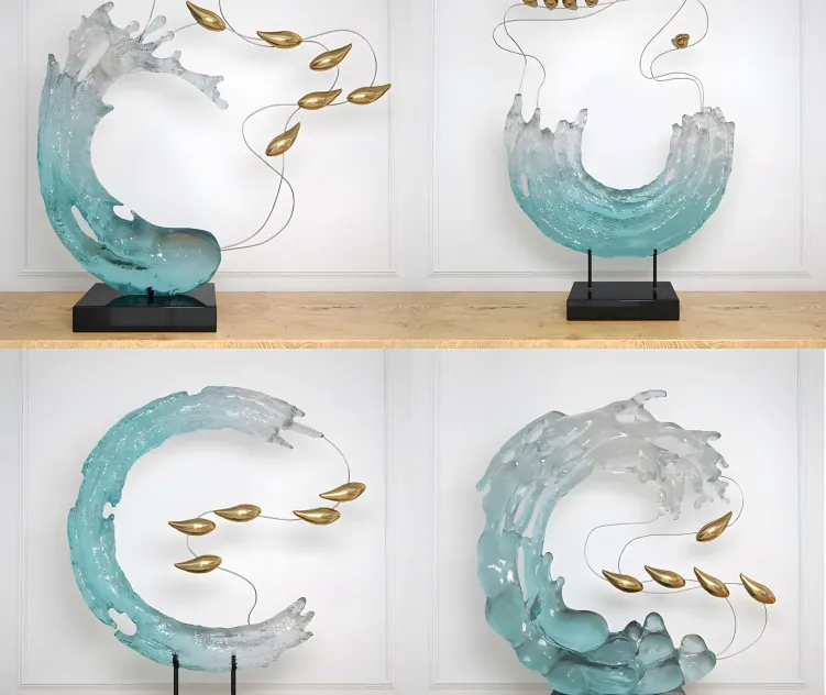 Abstract resin sculpture with birds glass material