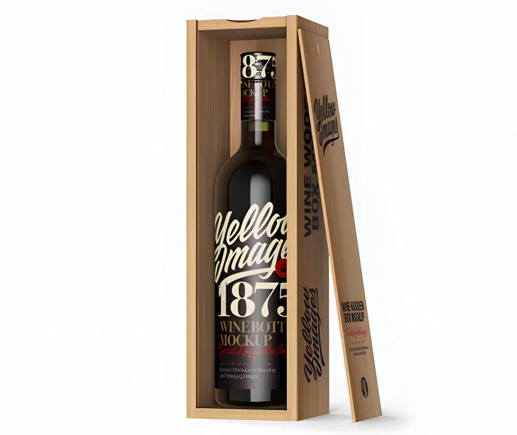 Dark Green Glass Wine Bottle In Open Wooden Box