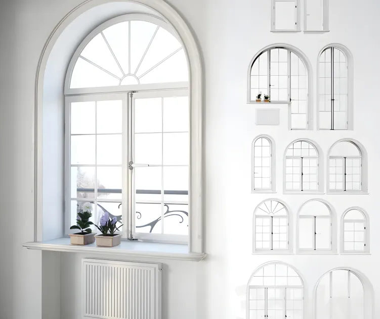 Set classical arched windows with decor