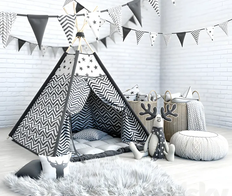 Wigwam with a mattress pillows fur skins baskets flags deer