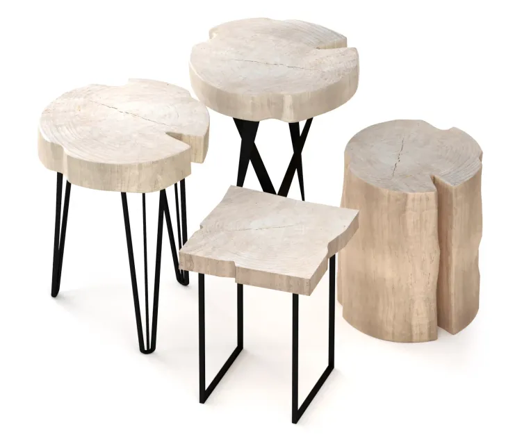 Set of wooden tables made of slab stump