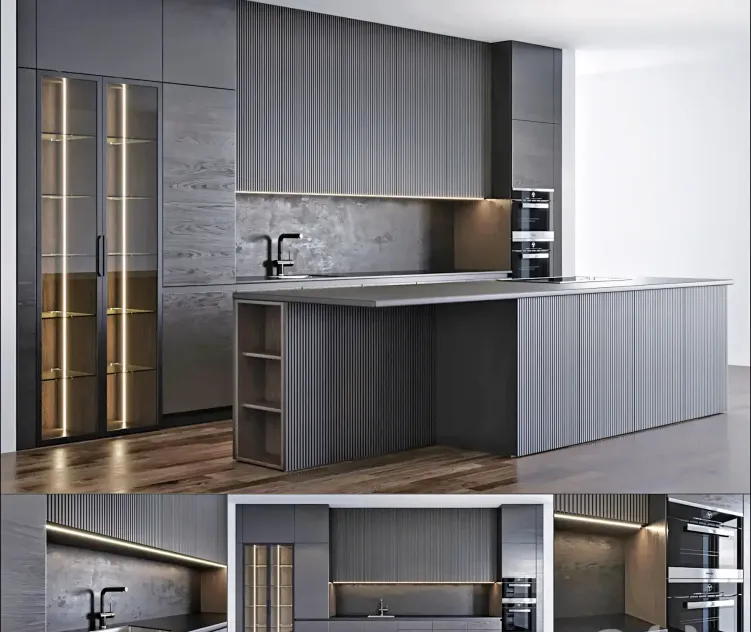 Modern kitchen oven fridge wood miele shelf
