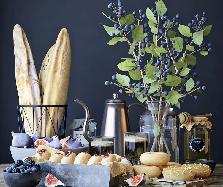 Kitchen set with bread donuts