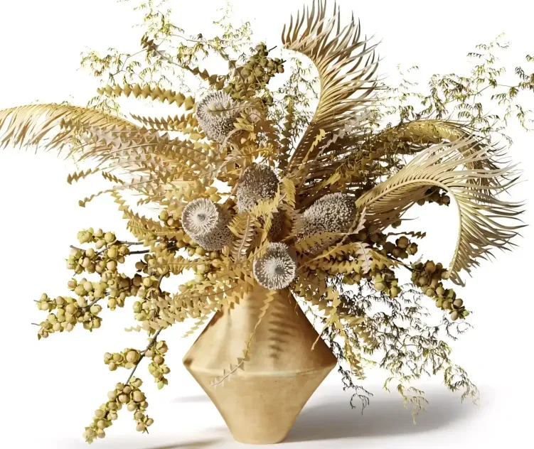 Bouquet of dried flowers with palm leaves