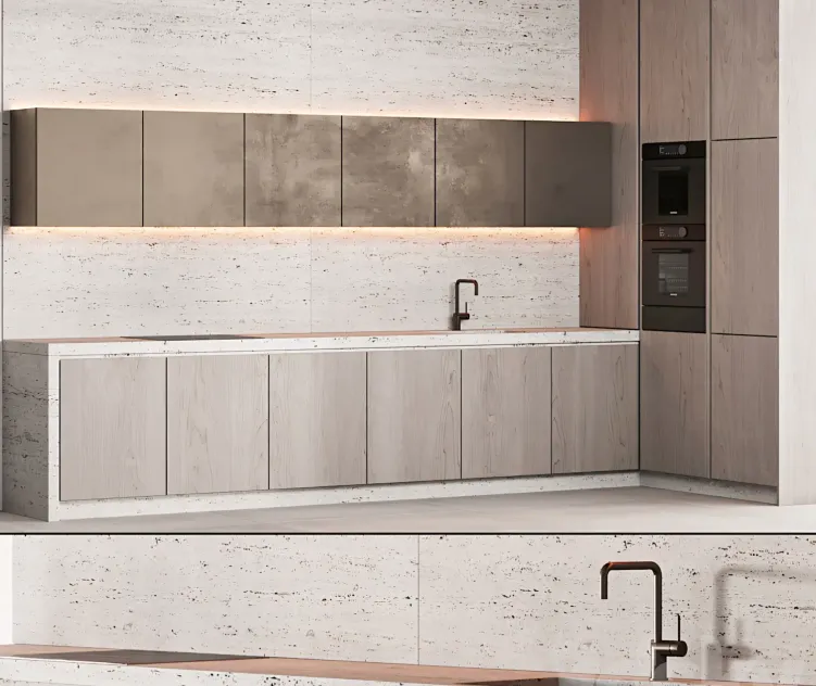 Modern Kitchen Japandi Wood Bronze Travertine