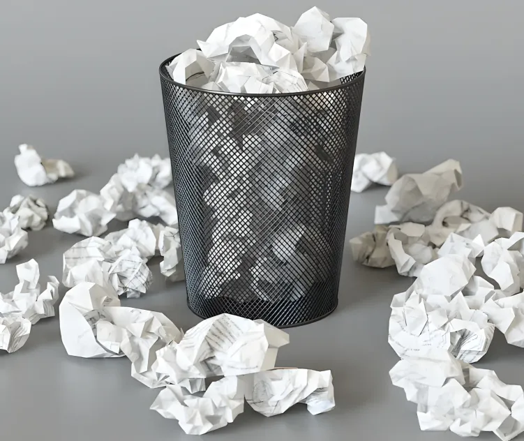 A trash can with papers